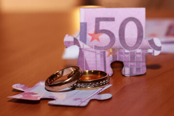 Golden wedding rings on euro banknotes background. Marriage of convenience