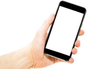 Telefon w ręce  ekran biały pusty wyświetlacz do wrzucenia zawartości izolowane białe tło