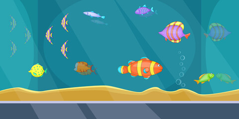 Fototapeta na wymiar Aquarium banner horizontal man, cartoon style