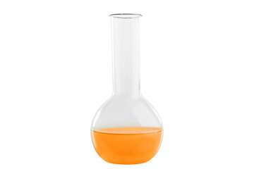 Test-tube with orange liquid, isolated on white background. Medicine, Chemistry. Horizontal frame