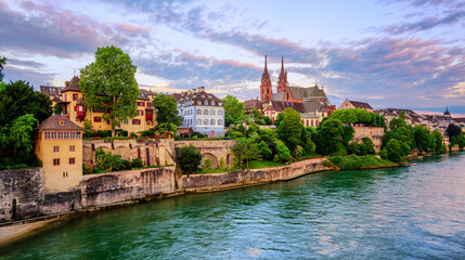 Basel Old Town with Munster cathedral and Rhine, Switzerland - obrazy, fototapety, plakaty