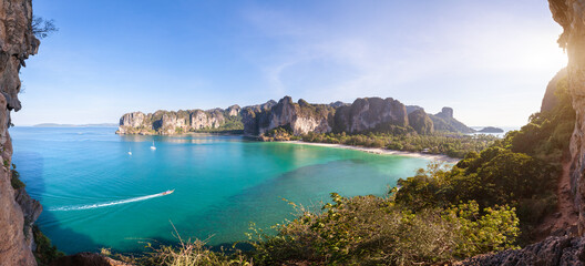 Panorama of Railay beach with sea and cliffs near Krabi, Thailand