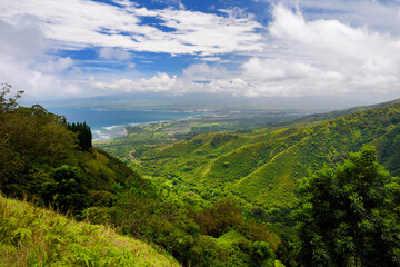 Stunning landscape view seen from Waihee Ridge Trail, overlooking Kahului and Haleakala, Maui, Hawaii