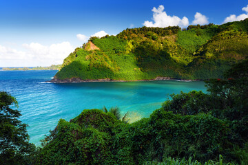 Beautiful views of Maui North coast seen from famous winding Road to Hana - obrazy, fototapety, plakaty