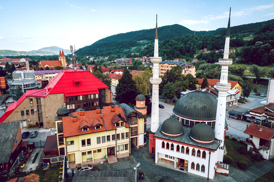 Mosque in Zepce, Bosnia. Aerial.