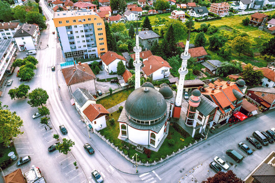 Mosque in Zepce, Bosnia. Aerial.