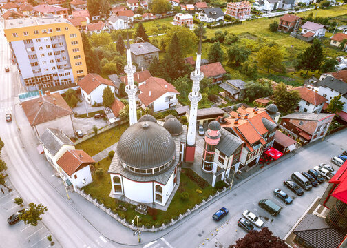 Mosque in Zepce, Bosnia. Aerial.