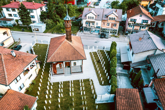 Mosque in Zepce, Bosnia. Aerial.