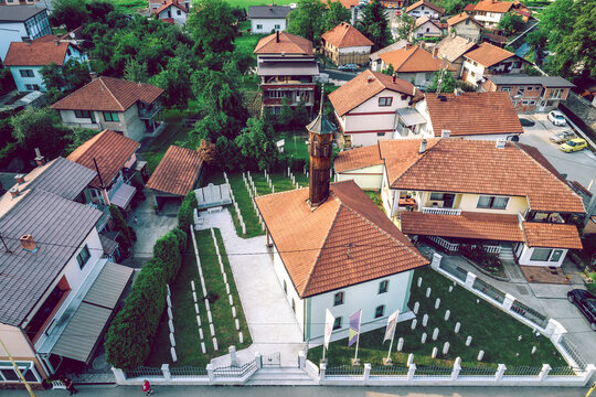 Mosque in Zepce, Bosnia. Aerial.