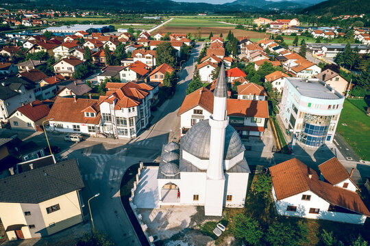 Mosque in Zepce, Bosnia. Aerial.