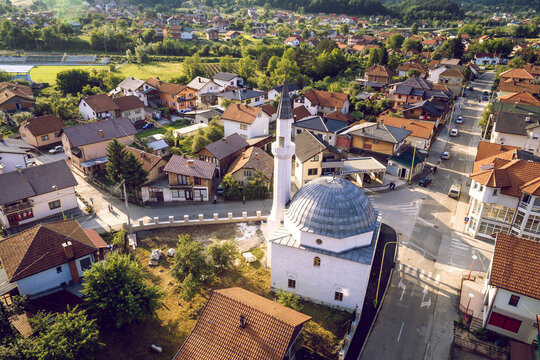 Mosque in Zepce, Bosnia. Aerial.