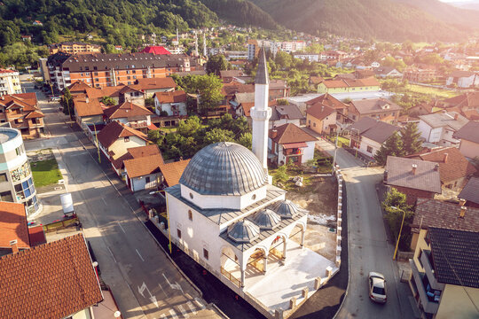 Mosque in Zepce, Bosnia. Aerial.