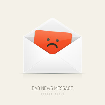 Envelope with orange card which has sad smiley face emoticon printed vector illustration