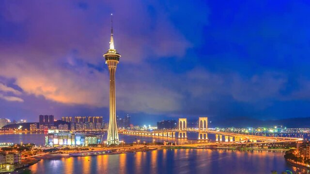 Macau Tower And Macau Bridge Night to Day Time Lapse Of Macau China