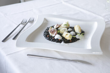 ink, black, dinner, cuttlefish, rice, risotto, restaurant, food, healthy, meal, seafood