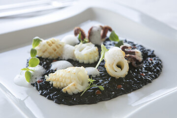ink, black, dinner, cuttlefish, rice, risotto, restaurant, food, healthy, meal, seafood