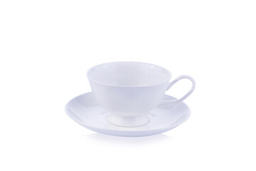 White cup of coffee and saucer n white background