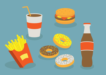 Set of colorful cartoon fast food icons (potato, burger, donuts, soda takeaway). Fast food menu. Vector illustration. Eps10