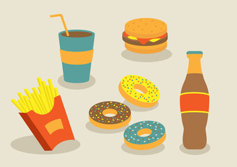 Set of colorful cartoon fast food icons (potato, burger, donuts, soda takeaway). Fast food menu. Vector illustration. Eps10