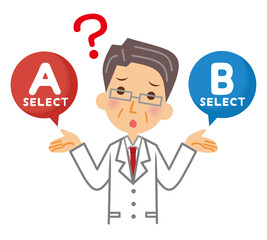 白衣の男性　選択　悩む