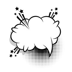 Cloud empty white comic book text balloon pop art. Bubble icon speech phrase. Cartoon funny label tag expression. Sound boom explosion effects. Advertising vector halftone dot illustration.