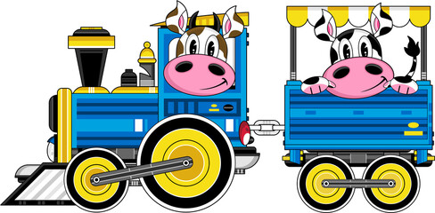 Cartoon Cow Driving Train