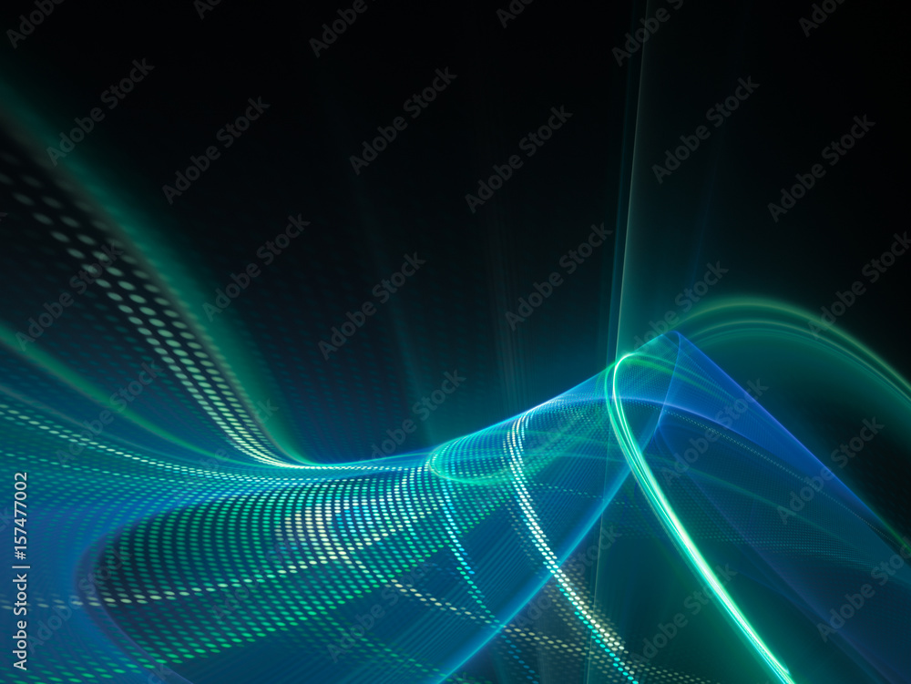 Poster Abstract background element. Fractal graphics series. Three-dimensional composition of glowing lines and mosaic halftone effects. Information and energy concept. Blue and black colors.