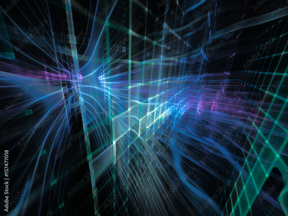 Poster abstract background element. three-dimensional composition of wave shapes, grids and beams. electron
