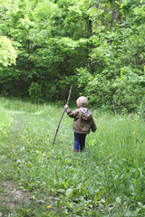 Little boy walking in the woods