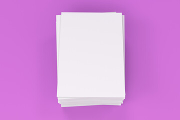 Stack of blank white closed brochure mock-up on violet background