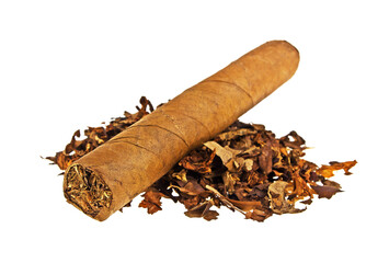 Heap of tobacco and cigar isolated on a white background