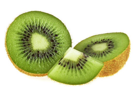 Kiwi fruit and sliced segments isolated on white background