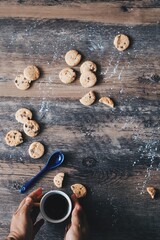 Coffee cup ,cookie on wooden table background,copy space