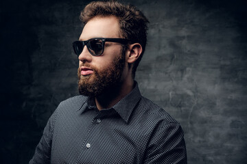 Obraz premium Stylish bearded male in sunglasses over grey background.