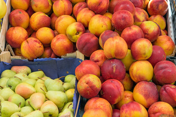Nectarines and pears for sale at a market