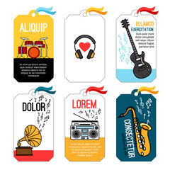 Music tags or musical labels or banners with guitar and drums, saxophone and headphones