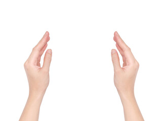 Beautiful woman or female's right and left hands in holding, reaching and showing board, credit card or blank paper and pointing finger upward isolated on white background (clipping path included)