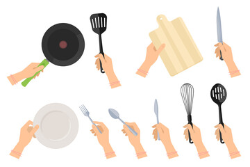 Kitchen steel utensils and kitchenware set. Female hands holding frying pan and plastic slotted spatula, ceramic dish, stainless fork, spoon and table-knife, wooden cutting board and knife.