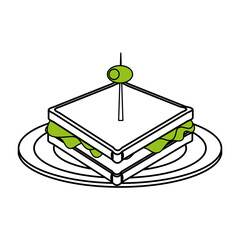 Flat line sandwich with olive on plate over white background. Vector illustration.
