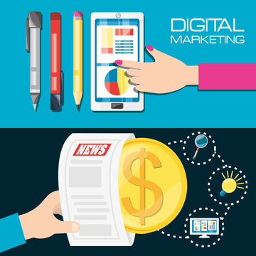 colorful set icon and concept digital marketing, vector illustration