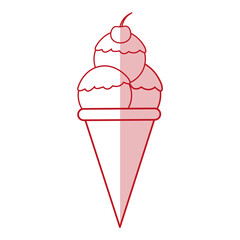 Flat line monocromatic ice cream cone with cherry over white background. Vector illustration.