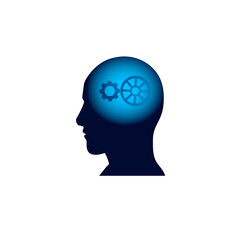 Head With Cog Wheel In Brain, Brainstorm Thinking Intelligence Concept Icon Flat Vector Illustration