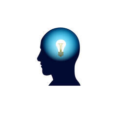 Head With Light Bulb In Brain, Brainstorm Thinking New Idea Concept Icon Flat Vector Illustration