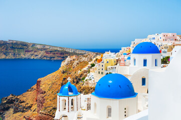 Church with blue domes on Santorini island, Greece.