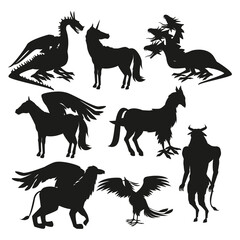 set black silhouette animal greek mythological creatures vector illustration