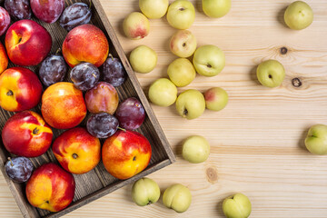 Nectarines and plums in a box, peaches on a table.