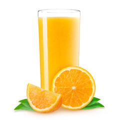 Isolated drink. Slices of orange fruit and glass of juice isolated on white with clipping path