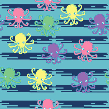 Funny colorful octopus. Children's pattern. Seamless pattern background for textile or book covers, construction, wallpaper, print, gift wrapping and scrapbooking.