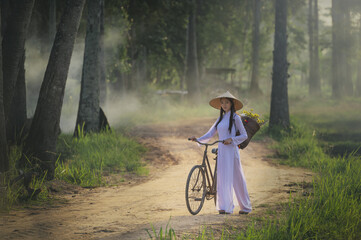 Beautiful woman with Vietnam culture traditional dress,traditional costume ,vintage style,Vietnam