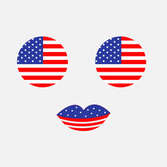 Round circle shape american flag icon set. Face with eyes and lips. Star and strip. United states of America. 4th of July. Happy independence day Greeting card. Flat design.